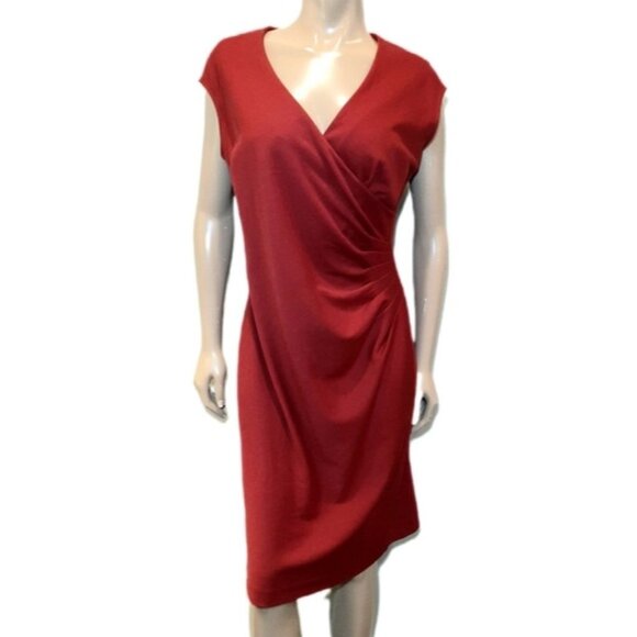 EVAN PICONE Ponte Faux Wrap Dress Pleated Gathered Cap Sleeve Surplice - Picture 1 of 14